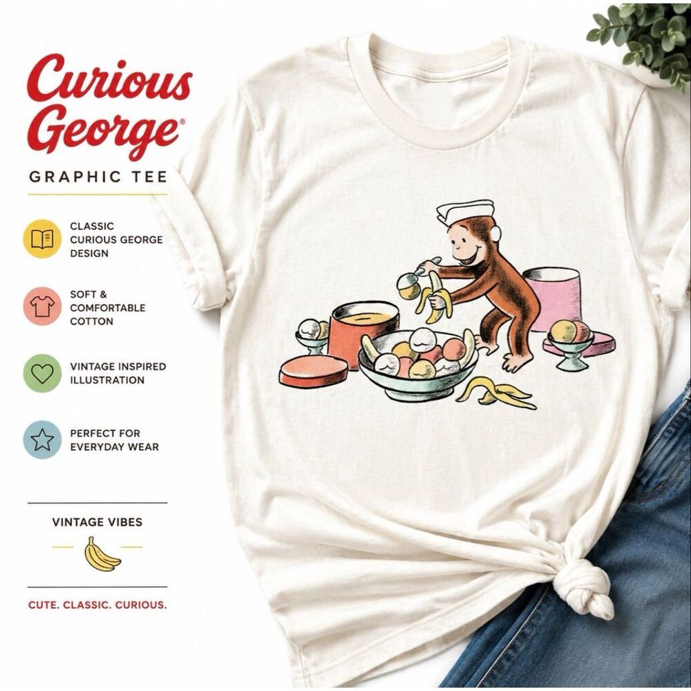 Curious George Graphic Tee Banana Breakfast Cartoon Shirt Women’s Size M